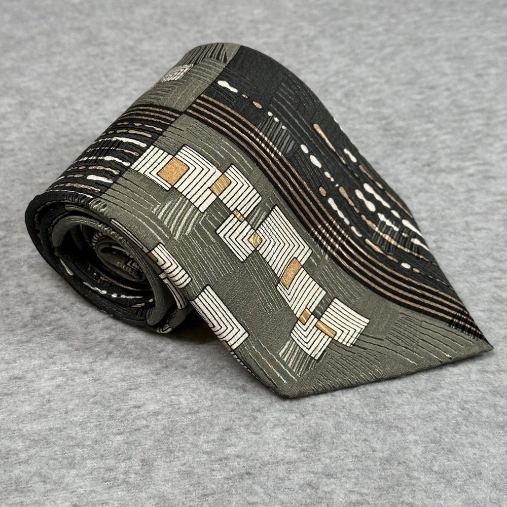 Vintage Pierre Balmain Couture Silk‎ Green Ivory Geometric Tie Handmade